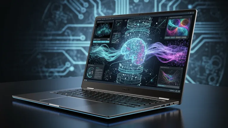 Futuristic laptop with AI neural network visualization on screen, representing 45 TOPS NPU capabilities