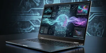 Futuristic laptop with AI neural network visualization on screen, representing 45 TOPS NPU capabilities