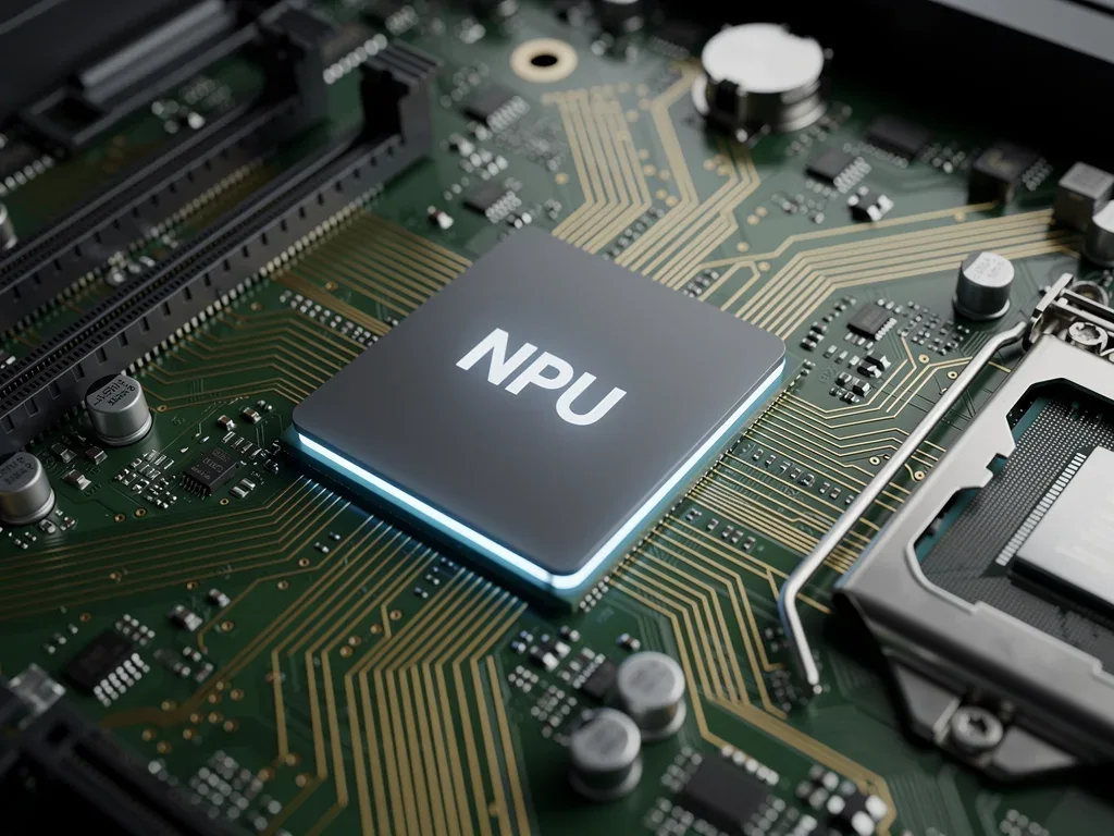 Close-up of laptop motherboard showing integrated NPU chip and surrounding circuitry