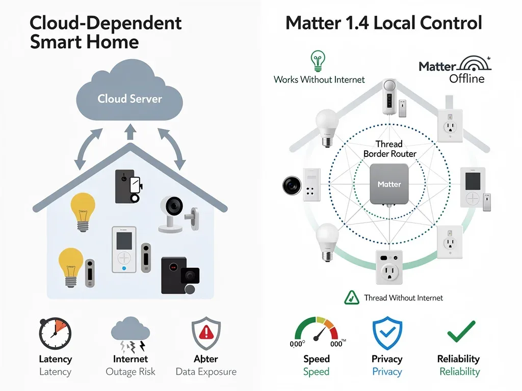 Infographic comparing cloud-dependent vs. local Matter 1.4 smart home control benefits.