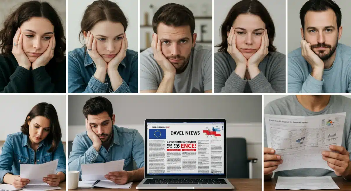 French families and couples reviewing financial documents, concerned about the ECB rate hike's impact on their mortgages.