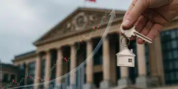 Hand holding a house key with ECB building and rising interest rates in background, symbolizing French mortgage market changes.