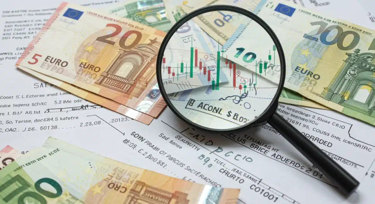 Financial instruments and a magnifying glass, symbolizing impact of debt on interest rates and lending.