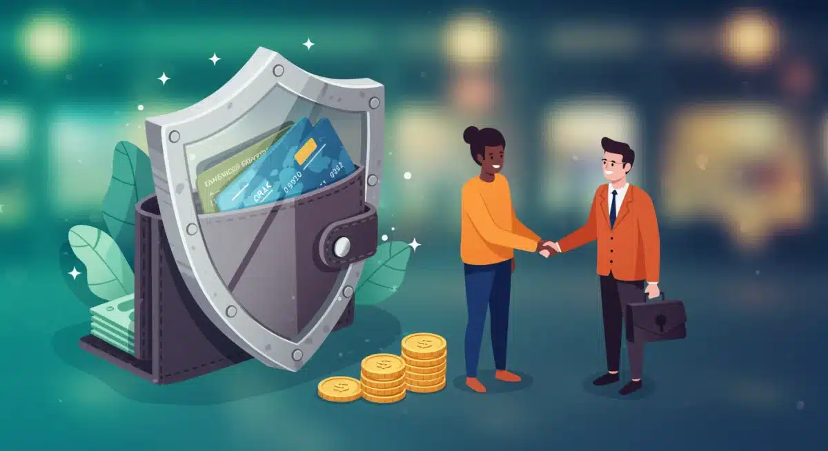 Shield protecting wallet and credit cards, symbolizing consumer financial protection.