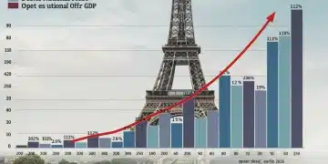 Graph illustrating France's national debt rising to 112% of GDP by early 2026, with Parisian landmarks.