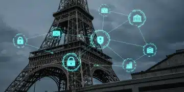 Secure data flow in French banking under PSD3 implementation, with digital connections and privacy symbols.