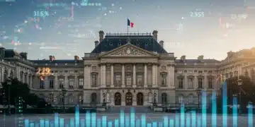 French Parliament building with financial data overlay, symbolizing the approval of the 2026 budget.