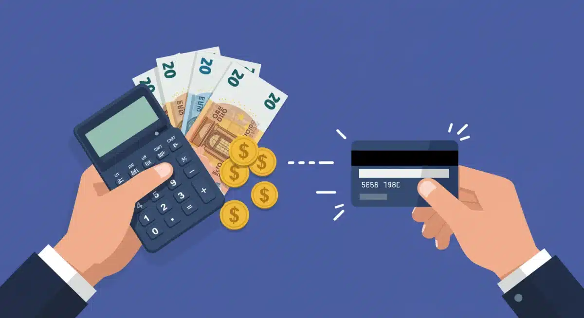 Personal finance illustration with credit card, calculator, and euro banknotes.