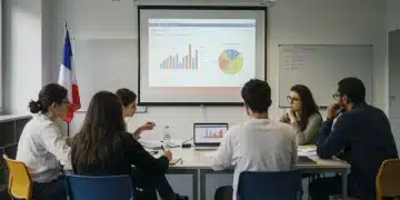 Adults learning about financial literacy in a modern classroom, with a French flag in the background.