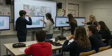 French students learning financial concepts in a classroom setting.