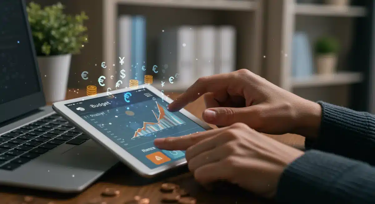 Smart budgeting app interface showing savings growth on a tablet in France