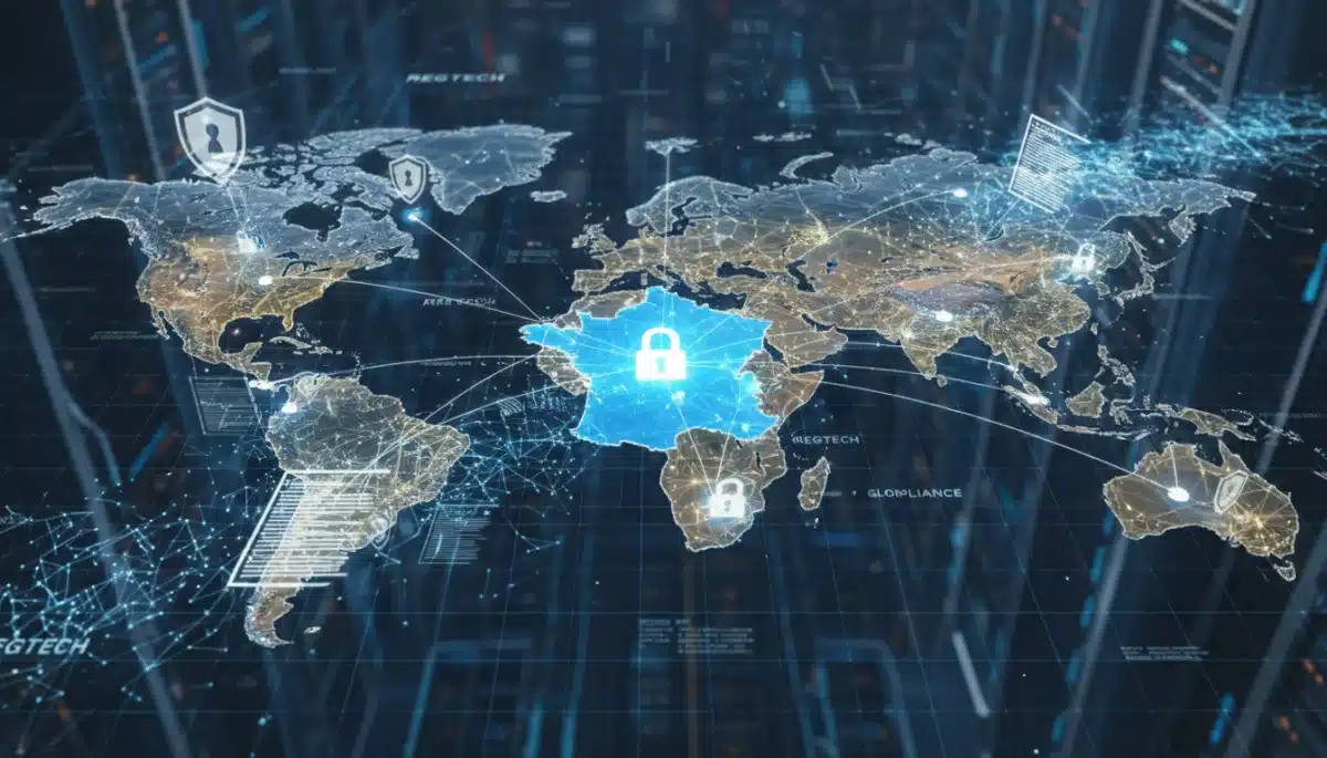 Secure data flow illustrating cross-border RegTech applications in French financial compliance