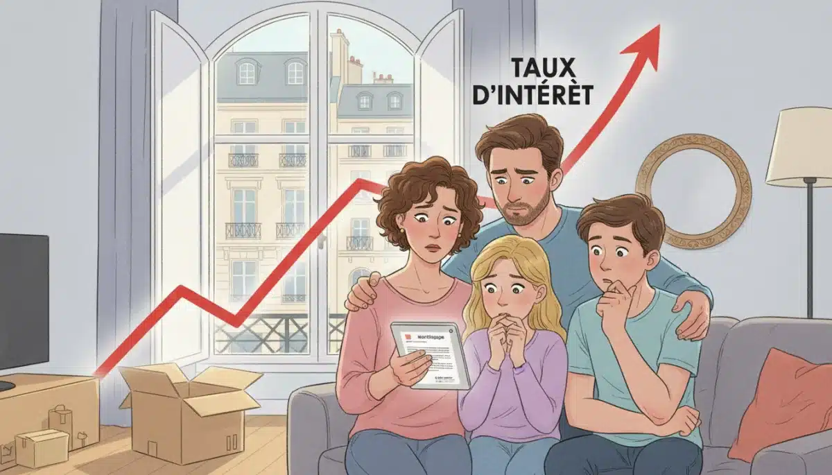 French family reviewing variable-rate mortgage documents with rising interest rates