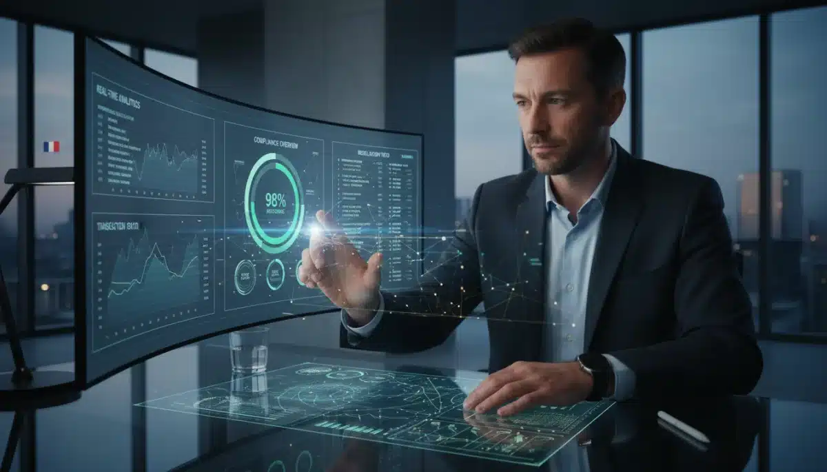 Financial professional utilizing RegTech platform for real-time compliance monitoring in France