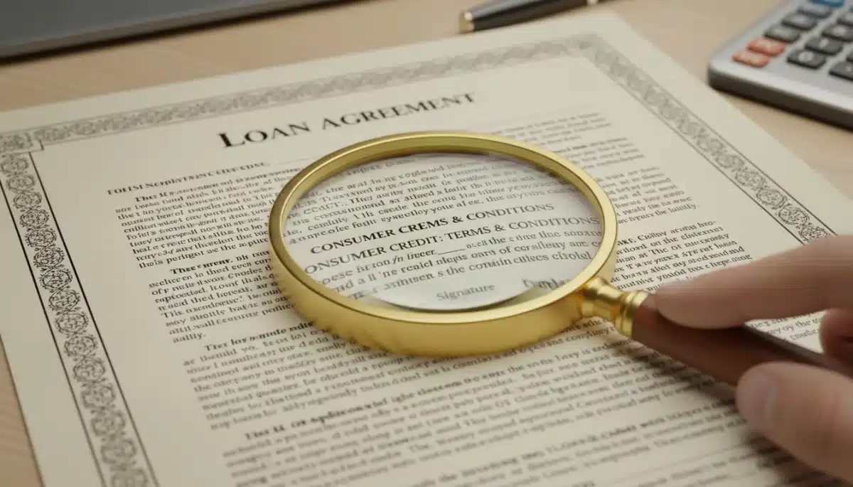 Magnifying glass over a loan agreement, emphasizing scrutiny of consumer credit terms.