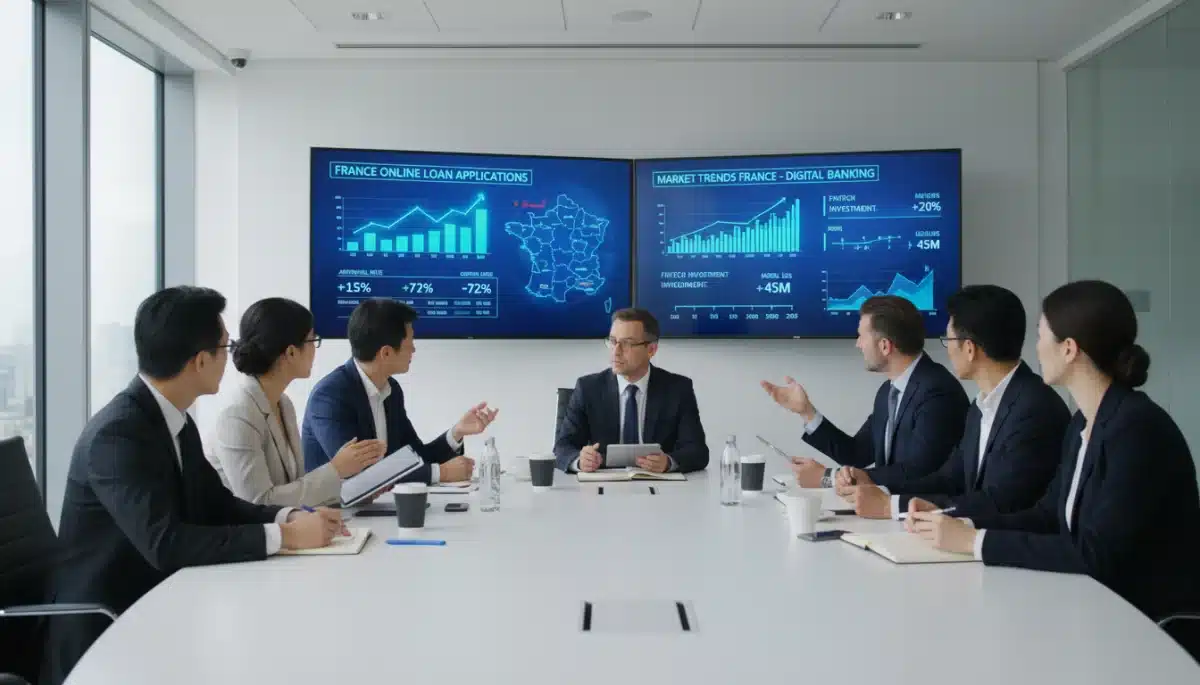 Banking professionals analyzing digital loan application data and market trends in France.