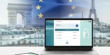 Digital payment interface with EU flag and French landmarks, representing EPSR impact on French online transactions.