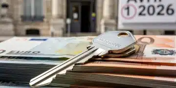 House key on euro banknotes with a French bank in the background, symbolizing new mortgage rates.