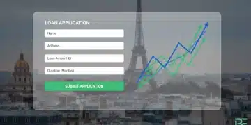Digital loan application interface with upward trend graphs, symbolizing growth in French online banking.