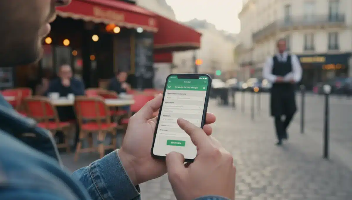 Individual completing online loan application on smartphone in a French urban setting.