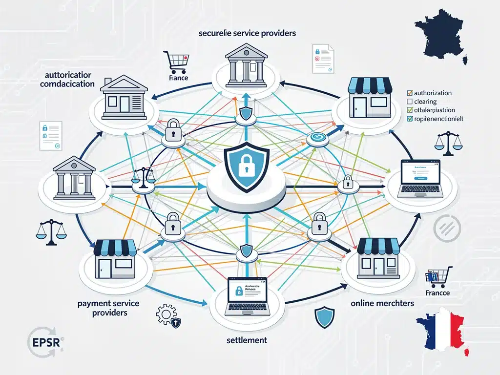 Interconnected payment systems network with security protocols for EPSR compliance in France.