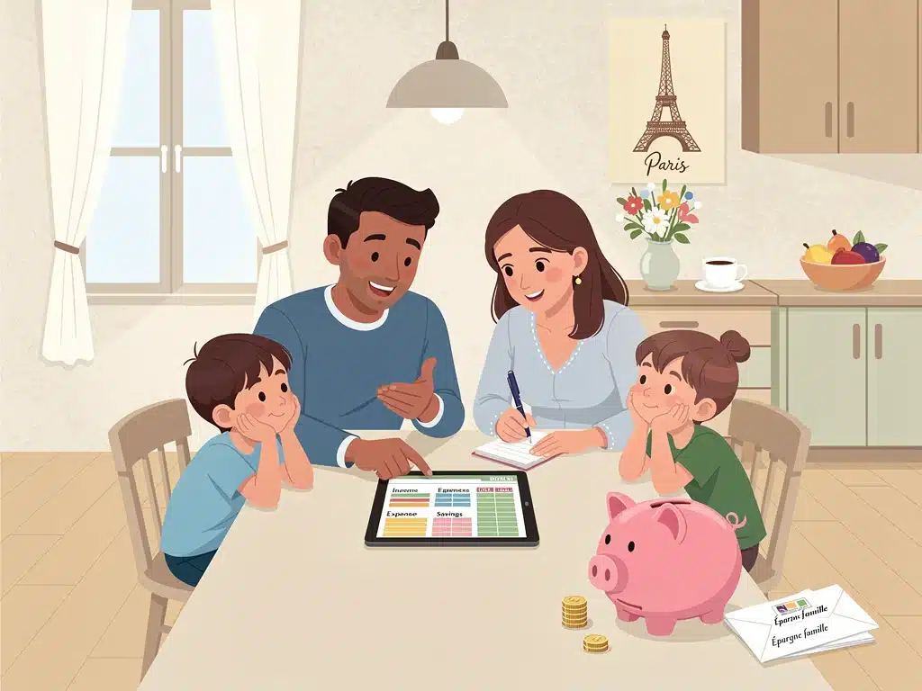 French family reviewing their household budget on a tablet, planning for financial changes.