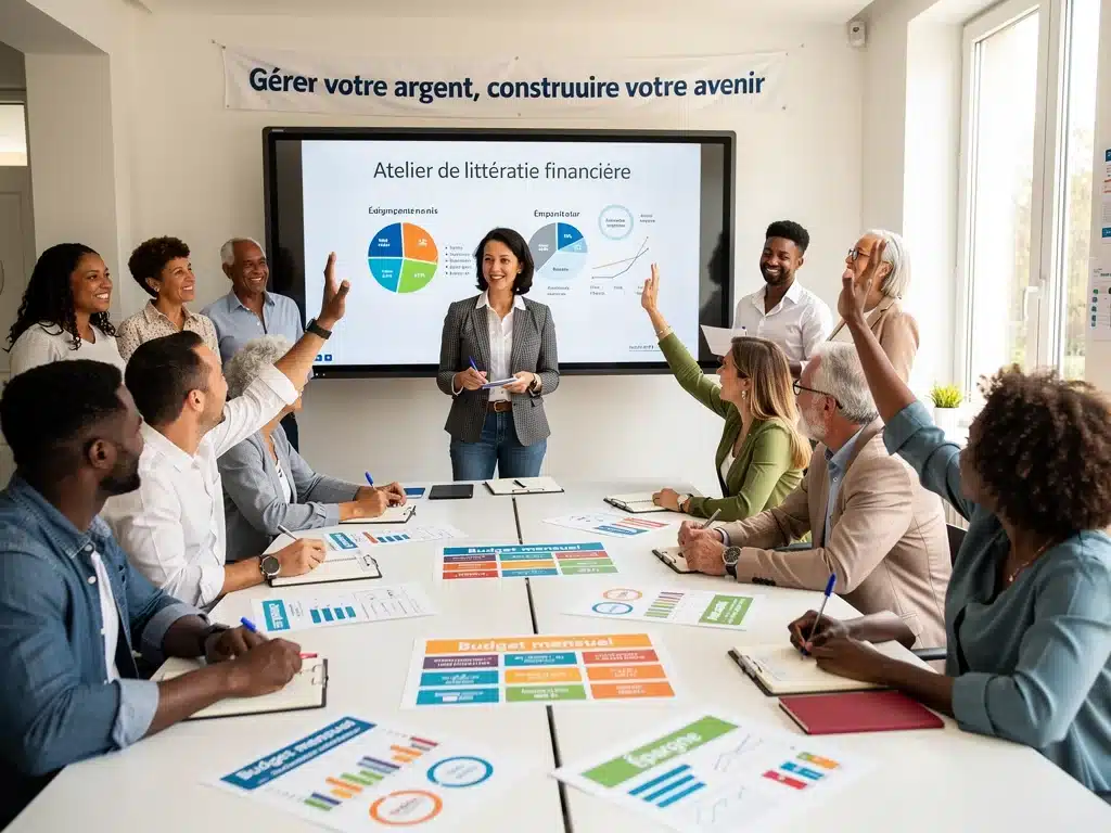 Diverse group of French citizens engaged in a financial literacy workshop.