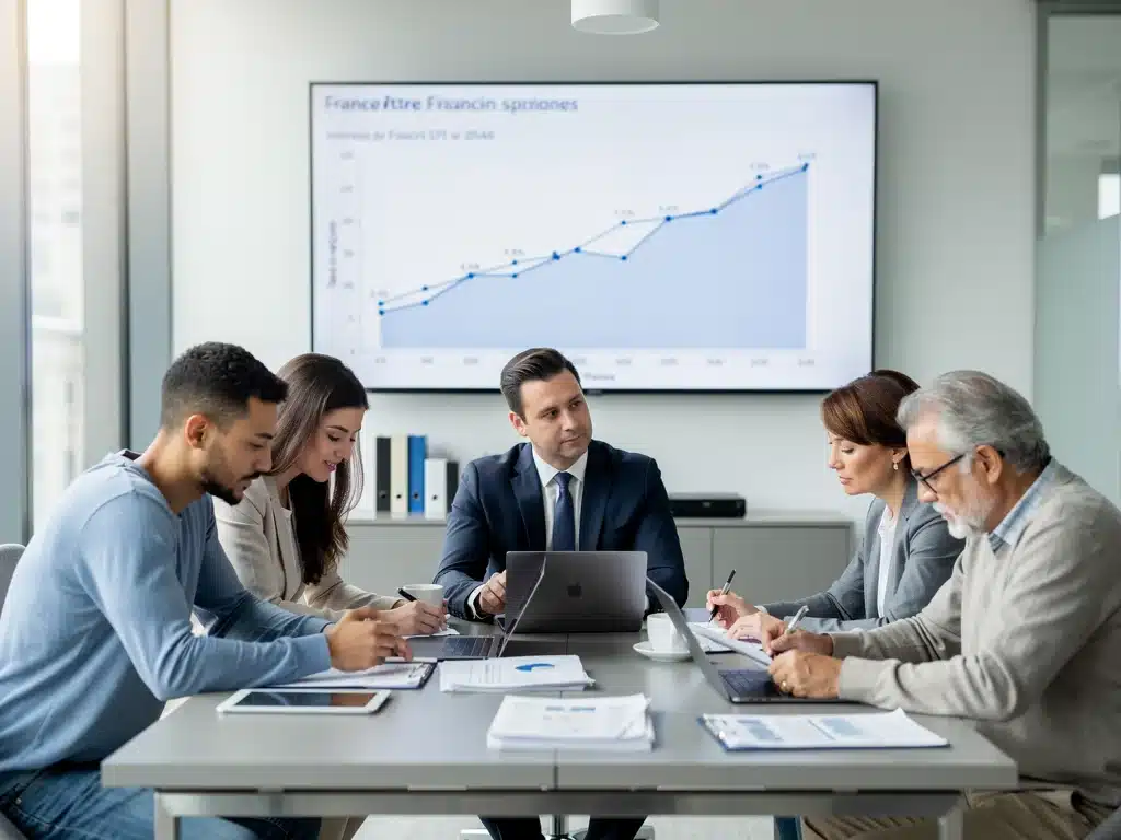 Diverse homebuyers consulting with a financial advisor about French mortgage options and interest rates.