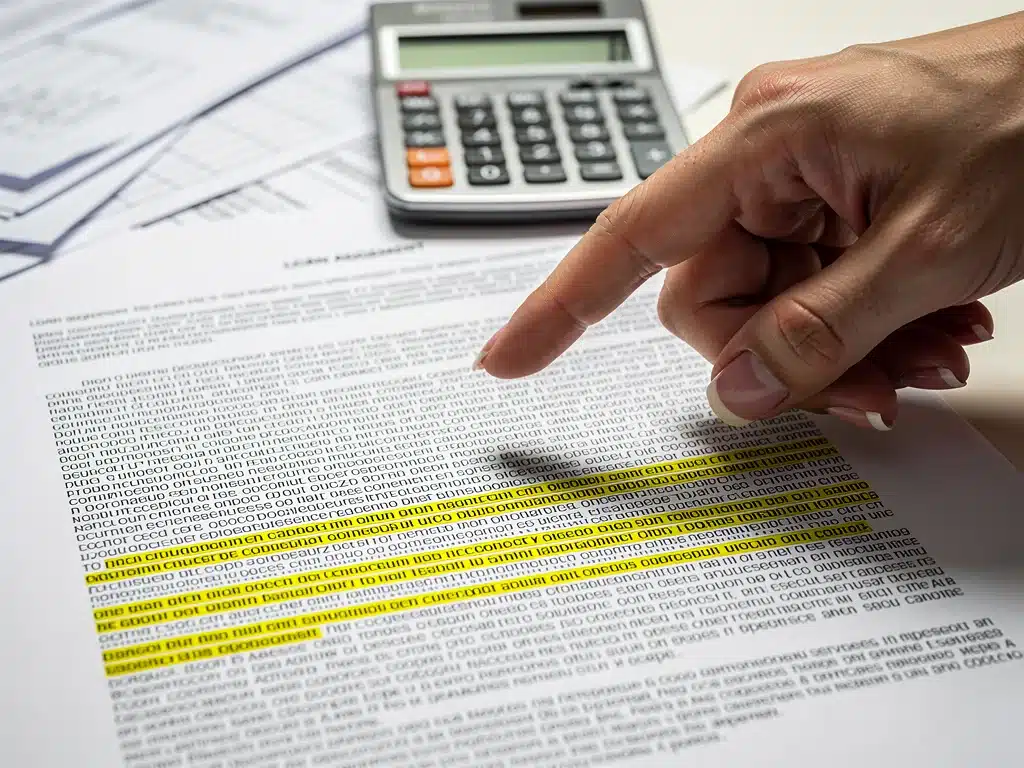 Examining fine print of a predatory loan agreement.