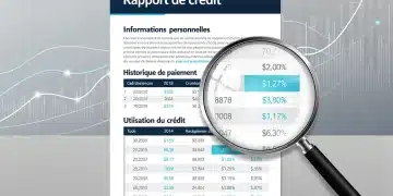 Detailed French credit report document with highlighted sections and data analysis tools
