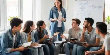 French teenagers learning financial prudence with a parent, discussing budgeting and savings. financial prudence.