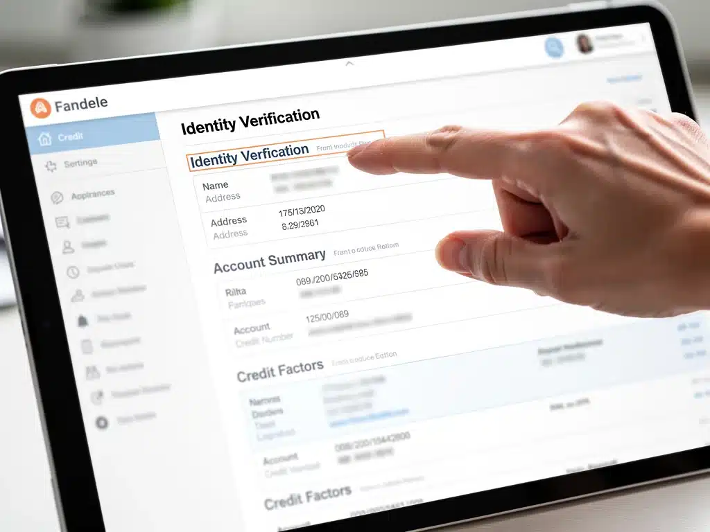Hand pointing to identity verification section on a digital credit report
