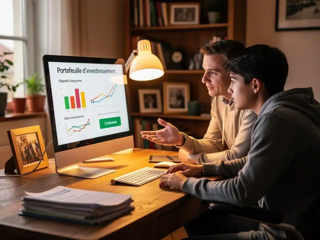 Parent and French teenager reviewing investment portfolio on a computer, discussing financial goals.