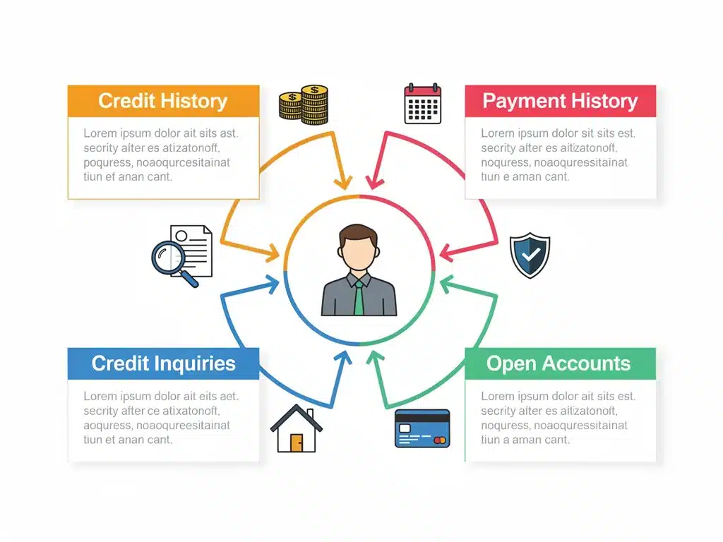 Infographic detailing six key sections of a credit report with descriptive icons