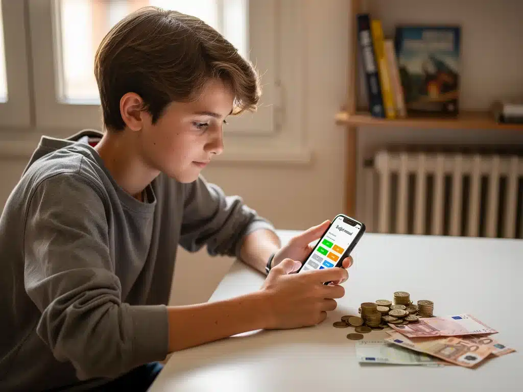 French teenager using a budgeting app on a smartphone, with euro currency.